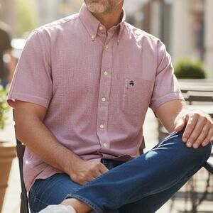 BROOKS BROTHERS 346 Golden Fleece Logo Short Sleeve Shirt M Red Gingham Check